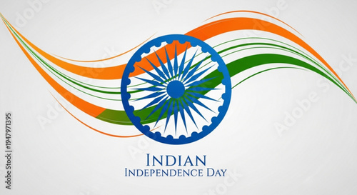 Indian independence day celebration emblem with tricolor waves and ashoka chakra symbol on gray background