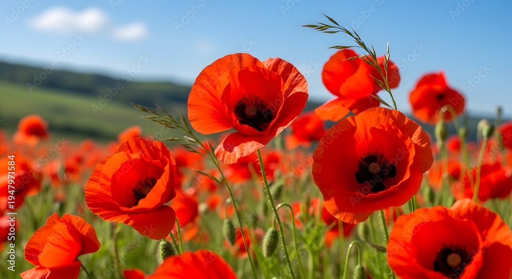 Fototapeta premium Vibrant red poppies in a lush green field under a clear blue sky