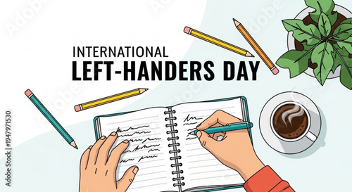 International left handers day illustration with hands writing in notebook and coffee cup