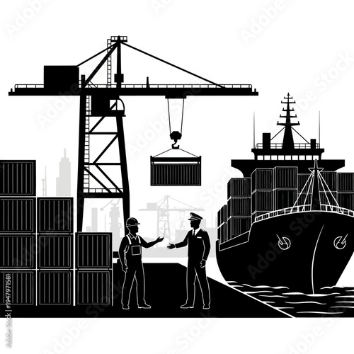 Two men working at shipping port.