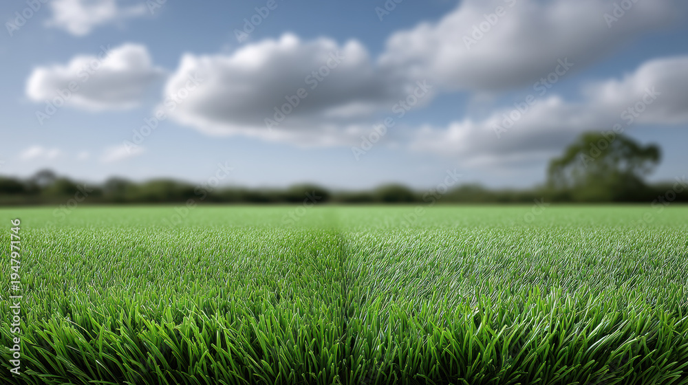 Obraz premium Artificial grass green field blue sky fluffy cloud outdoor landscape nature summer park fresh