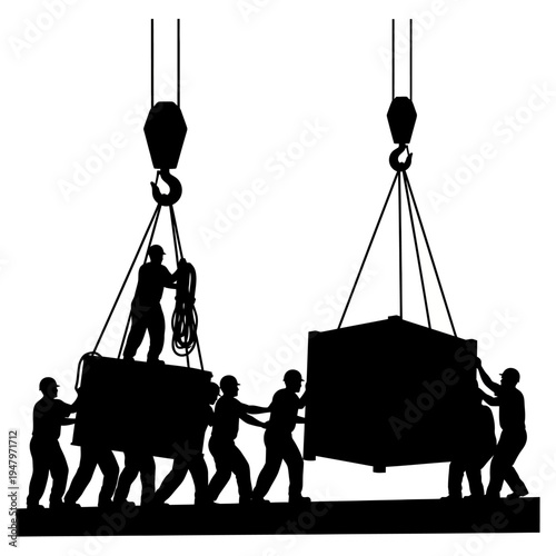 Workers lifting heavy industrial construction boxes.