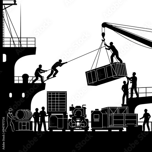 Workers loading cargo on ship deck.
