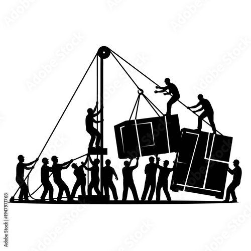 Workers moving heavy boxes with crane.