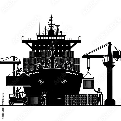 Workers loading cargo ship containers.