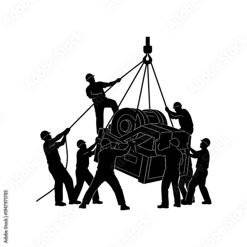 Workers moving heavy industrial machinery equipment.