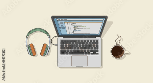 Flat lay of a laptop with headphones and a cup of coffee on a plain background, conveying a relaxed lifestyle and productivity scene.