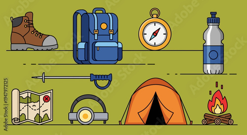 Flat lay of various camping gear and accessories on a green background, including a backpack, tent, and hiking boot, conveying a sense of outdoor adventure and lifestyle preparation.
