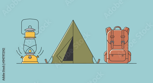 Flat lay illustration of camping gear including a lantern, tent, and backpack against a light blue background, conveying a lifestyle of outdoor adventure.
