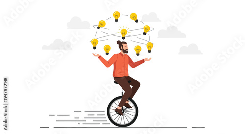 Creative bearded man juggling with light bulbs while riding a unicycle, representing creativity, innovation and multitasking abilities