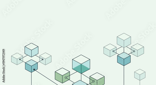 Infographic illustration of a network connection with isometric blocks in various shades of blue and green on a light green background, representing business and technology.