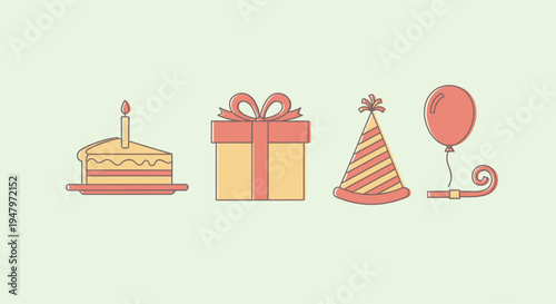 Flat lay of festive party icons including a cake with a candle, a gift box, a party hat, and a balloon on a pale green background, conveying a celebratory lifestyle.