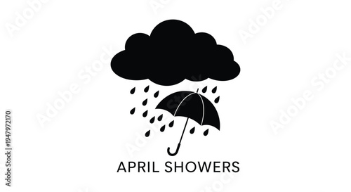 A minimalist black silhouette of a rain cloud with falling raindrops positioned above an open umbrella, serving as a clear and universally recognizable graphic representation of the common phrase 'Apr