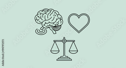Line drawing of a brain with a lightbulb, a heart, and balanced scales on a mint green background, symbolizing business ideas and emotional intelligence.