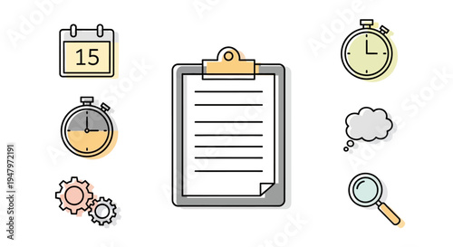 Flat lay of a clipboard with a to-do list surrounded by icons representing time management and organization on a white background, showcasing a lifestyle of productivity.