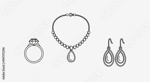 A minimalist line drawing of a diamond ring, a teardrop pendant necklace, and matching earrings on a plain white background, showcasing elegant jewelry pieces in a simple,