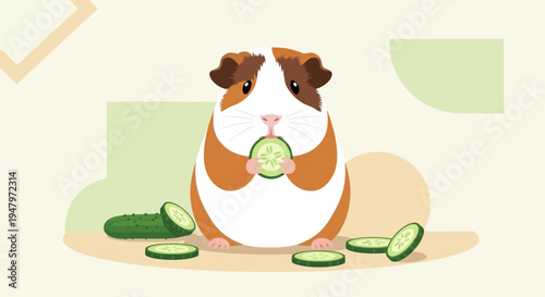 Cute guinea pig eating cucumber slices on a light background, healthy snack