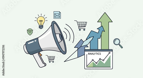 Flat lay illustration of business analytics and marketing icons including a megaphone, shopping carts, and graphs on a clean white background with a professional and modern style.