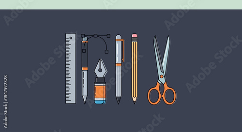 Flat lay of assorted school supplies arranged on a dark background with a pastel green border, showcasing a ruler, pencils, scissors, and other stationery items in a lifestyle setting.