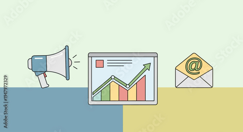 Flat lay of a megaphone, a laptop with a colorful graph on the screen, and an envelope with an email symbol, conveying business communication and marketing concepts in a minimalist style.