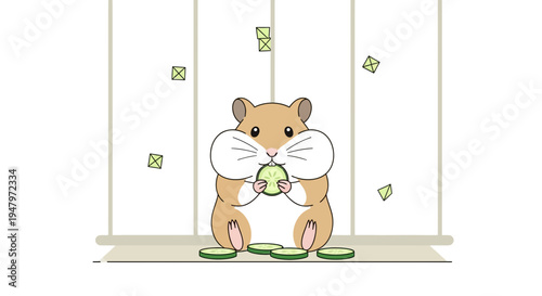 Cute hamster eating cucumber slices in cage, funny pet food, healthy snack