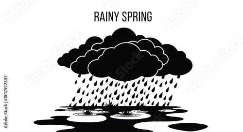 Simple black and white graphic illustration depicting heavy rain falling from dark stormy clouds onto a puddle filled ground marking the arrival of a dreary rainy spring season