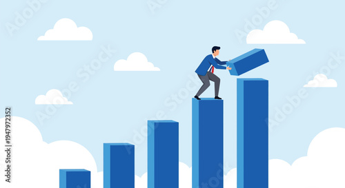 Businessman building bar graph with blocks symbolizing business growth and progress on sky background with clouds