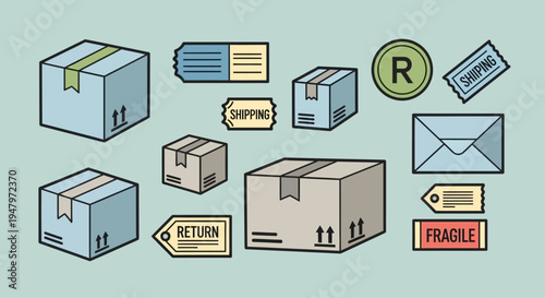 A flat lay illustration of various shipping boxes and labels on a light green background, showcasing a lifestyle of online shopping and delivery.