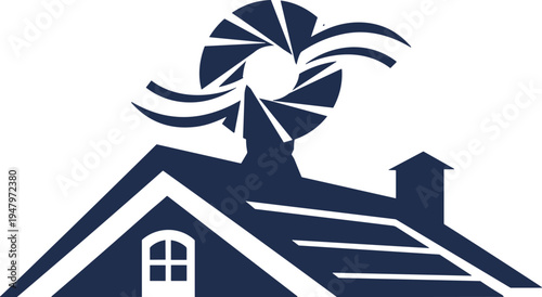 Blue wind turbine on dark house roof blue turbine