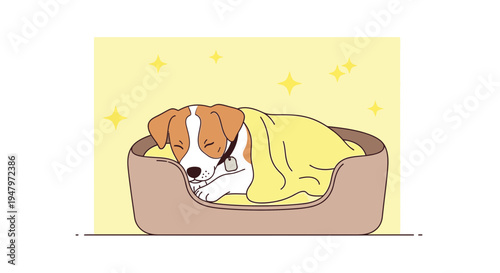 Cute Jack Russell Terrier Dog Sleeping Peacefully Under Yellow Blanket in Cozy Bed