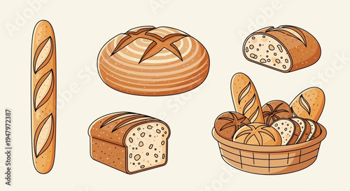 Assorted types of bread, including baguette, loaf, and rolls, arranged in a basket and on a surface with a warm color palette.