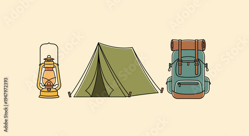 Illustration of a green tent, orange lantern, and blue backpack on a beige background, representing outdoor lifestyle and travel.