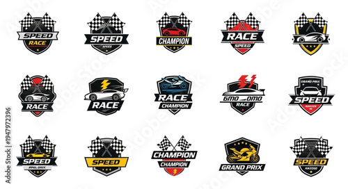 Collection of Racing Logos and Emblems with Cars and Checkered Flags.
