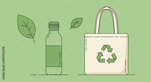 Flat lay of eco-friendly reusable bag and water bottle with green leaves on a light green background, emphasizing sustainable living and the environment.