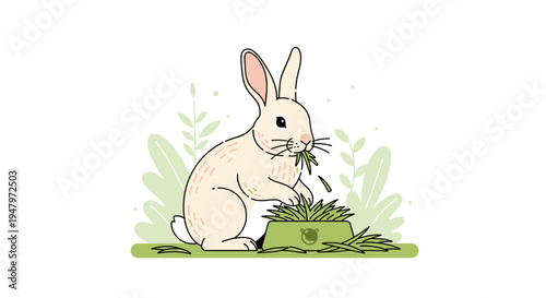 Cute white rabbit eating fresh green grass from a bowl in a garden, illustration