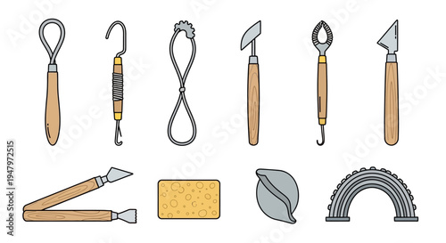 Set of various pottery and sculpting tools for clay modeling and ceramic art.