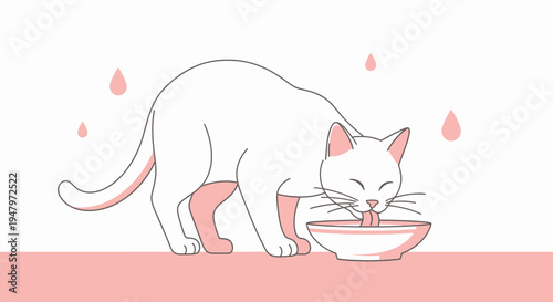Cute White Cat Drinking Water from a Bowl, Minimalist Illustration
