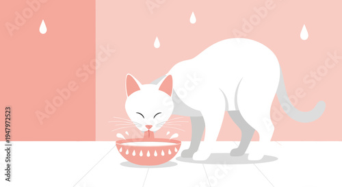 Cute White Cat Drinking Milk From Bowl, Adorable Pet Enjoying Refreshing Drink