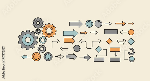 Set of colorful gear wheels and flowchart arrows illustrating process and workflow.