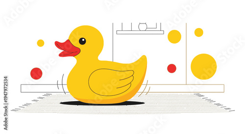 Cute Yellow Rubber Duck Toy on a Rug, Playful Bathtime Fun, Isolated on White Background