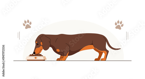 Dachshund Dog Eating Food from Bowl, Cute Pet Animal Illustration
