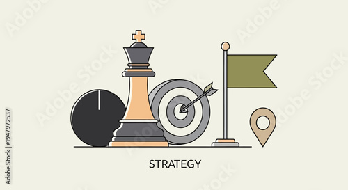 Conceptual illustration of strategy planning with chess king piece and target.