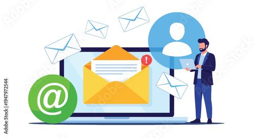 Man using laptop with email on screen surrounded by envelopes and at symbol representing digital communication