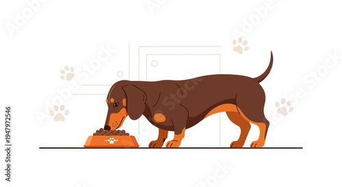 Dachshund Dog Eating Food from Bowl, Cute Pet Portrait, Healthy Diet