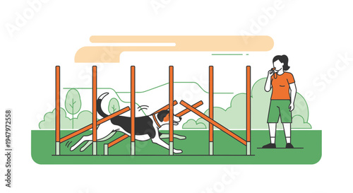 Dog agility training: beagle running through weave poles with trainer watching