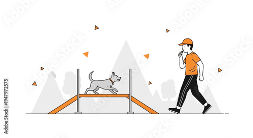 Dog agility training: dog jumping over obstacle with trainer watching