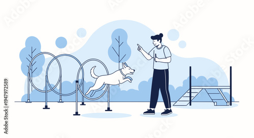 Dog agility training: dog jumping through hoop with trainer on obstacle course