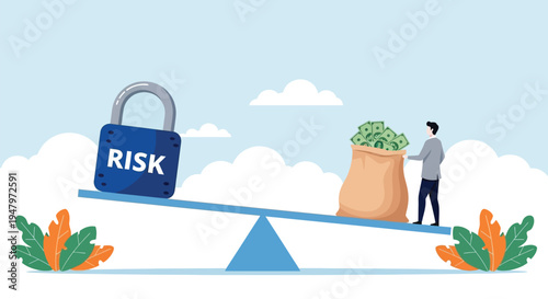 Seesaw balancing risk lock and bag of money symbolizing risk management and financial decisions
