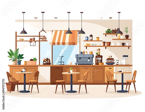 Cozy cartoon cafe interior with tables, chairs, shelves, counter, coffee machine, and hanging lamps