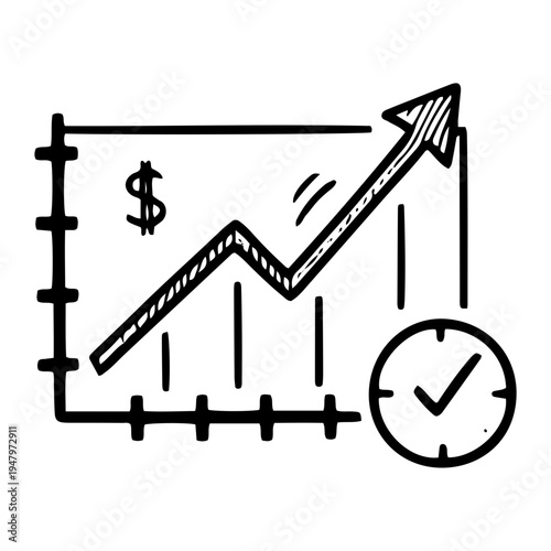 Hand-drawn illustration of a financial report with a rising graph indicating profit and a clock symbolizing timely reporting